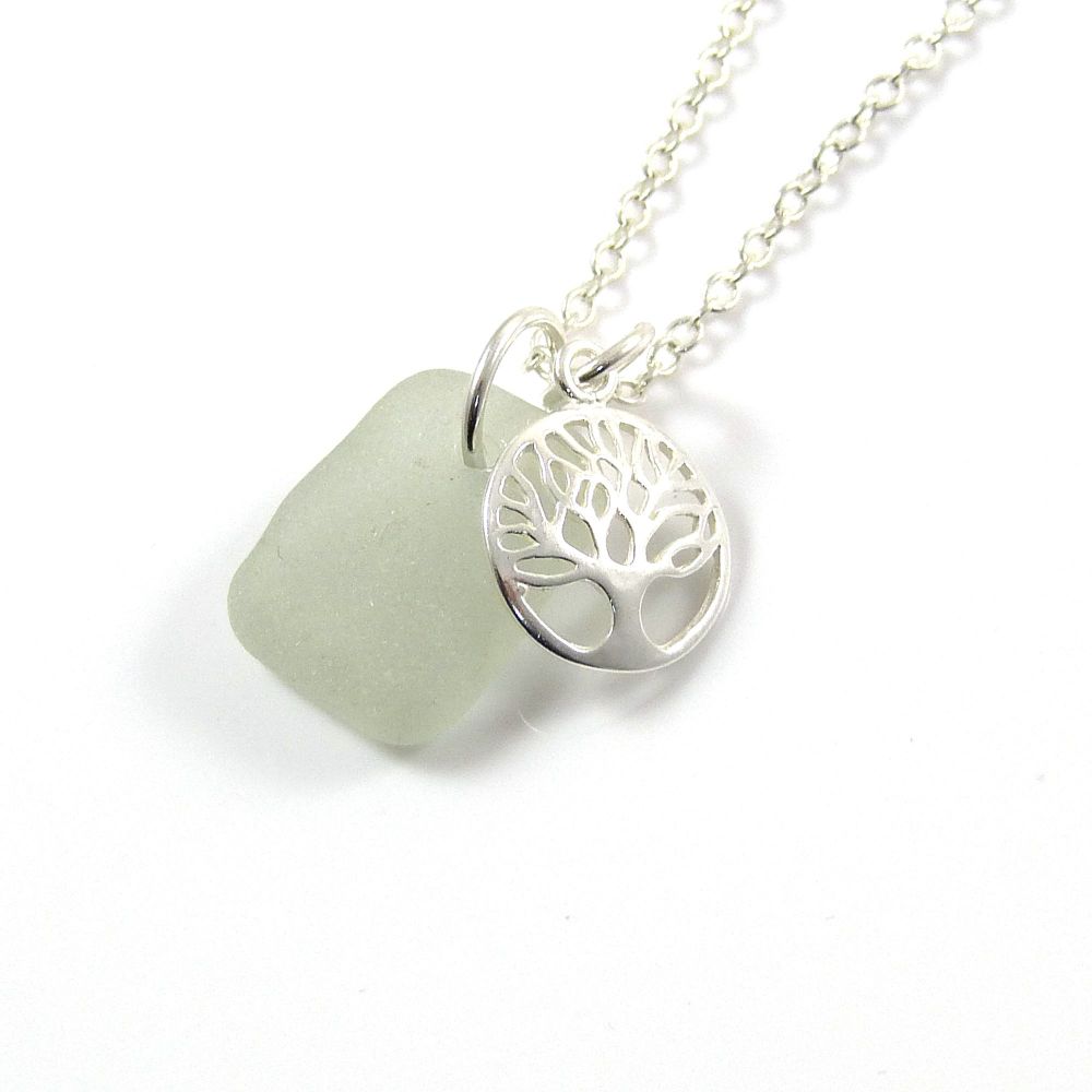 Seamist Sea Glass and Sterling Silver Tree of Life Charm Cluster Necklace c