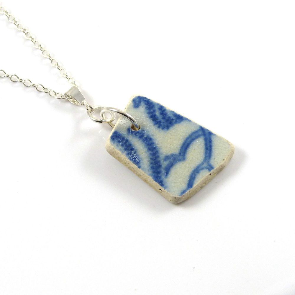 Blue and White Beach Pottery on Sterling Silver Necklace ODETTA
