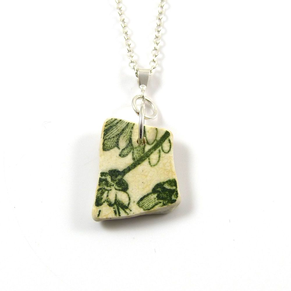 Green and White Beach Pottery on Sterling Silver Necklace NANON