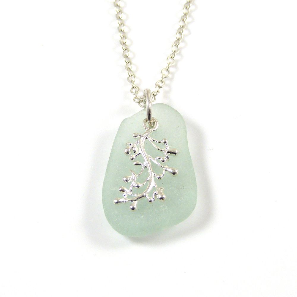 Seafoam Sea Glass and Silver Coral Charm Necklace STEFANIE