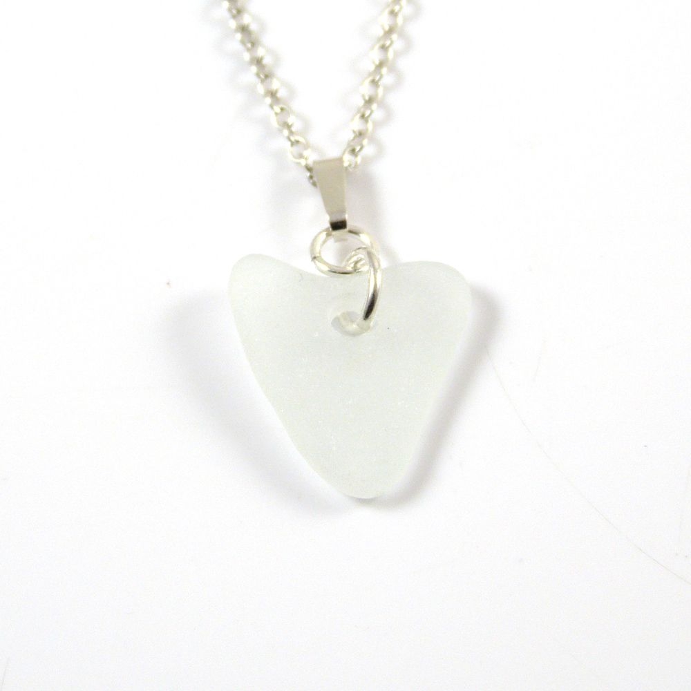 Pure White English Sea Glass Heart Necklace FIFI