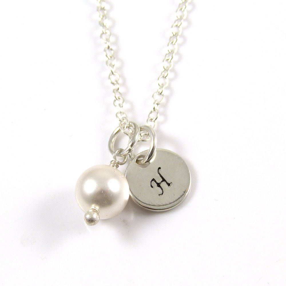 Personalised Necklace Swarovski Crystal Pearl and Handstamped Sterling Silv