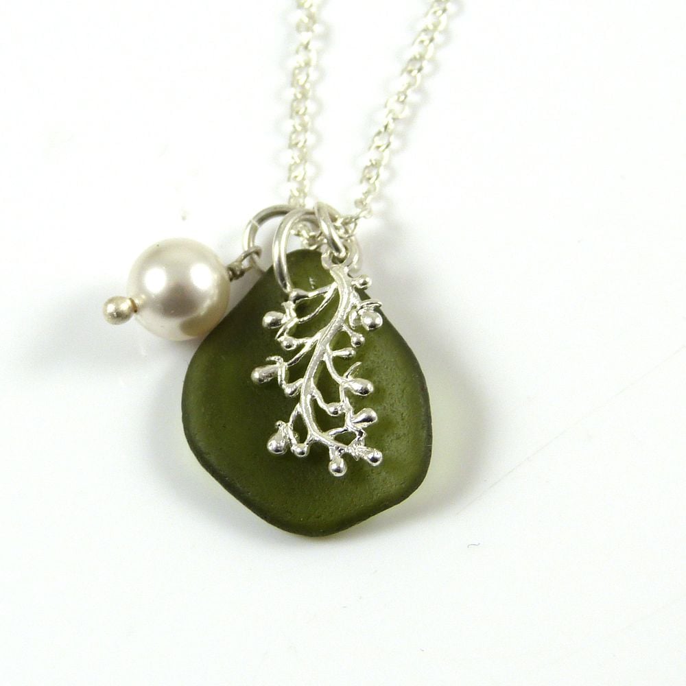 Moss Green Sea Glass and Silver Coral Charm Necklace 