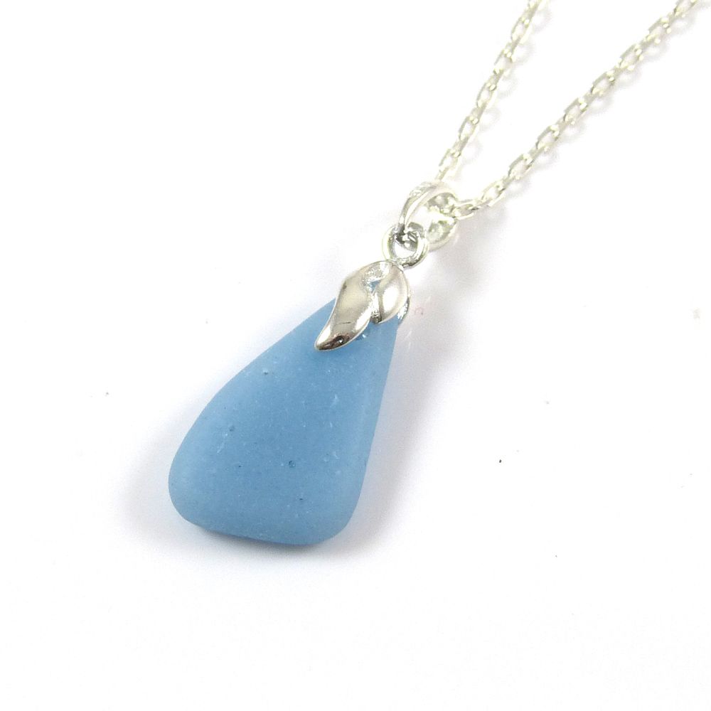 Ice Blue Sea Glass and Silver Necklace LOUISE