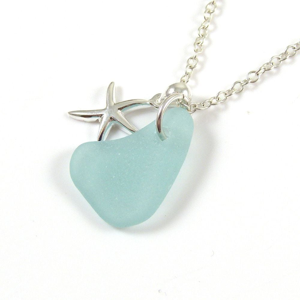 Light Aquamarine Sea Glass and Sterling Silver Starfish Necklace ch268
