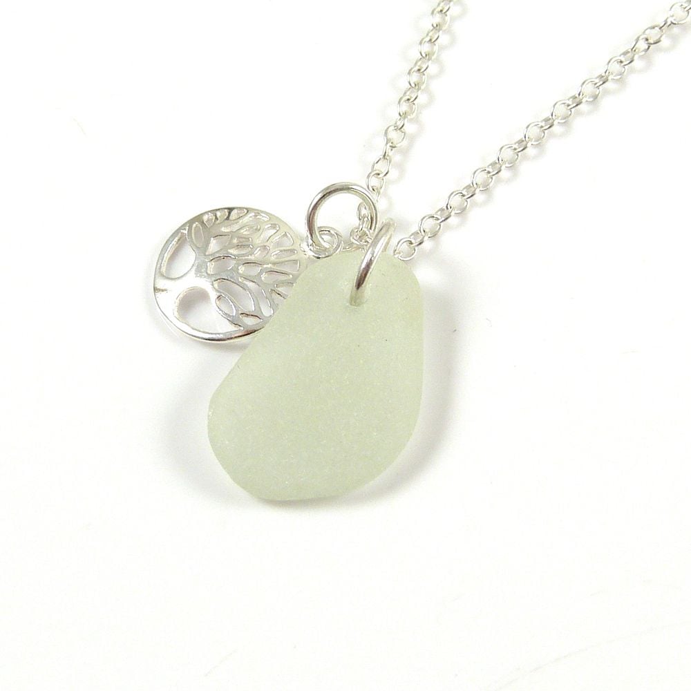 Seamist Sea Glass and Sterling Silver Tree of Life Charm Necklace ch269