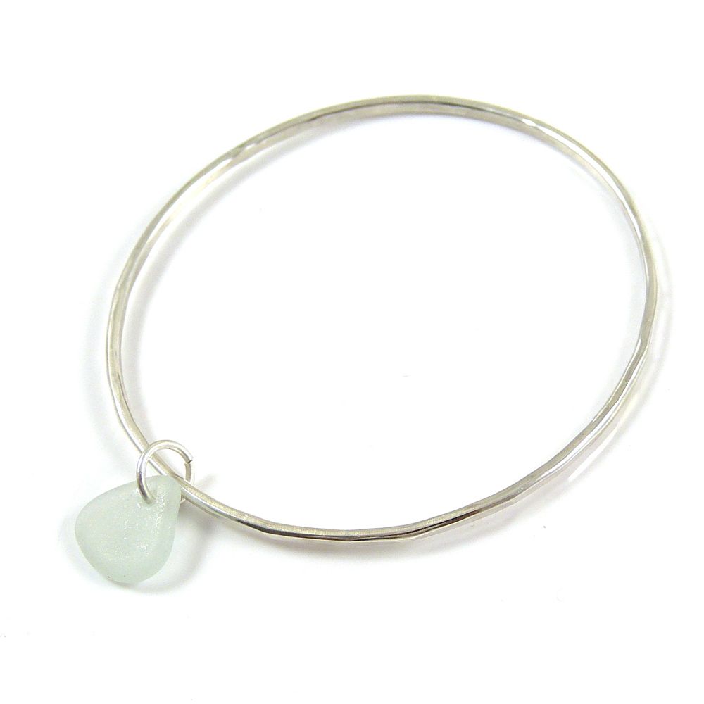 Sterling Silver Hammered Bangle and Seaspray Sea Glass Charm b220 