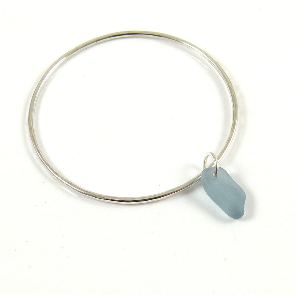 Sterling Silver Hammered Bangle and Steel Blue Sea Glass Charm b224 