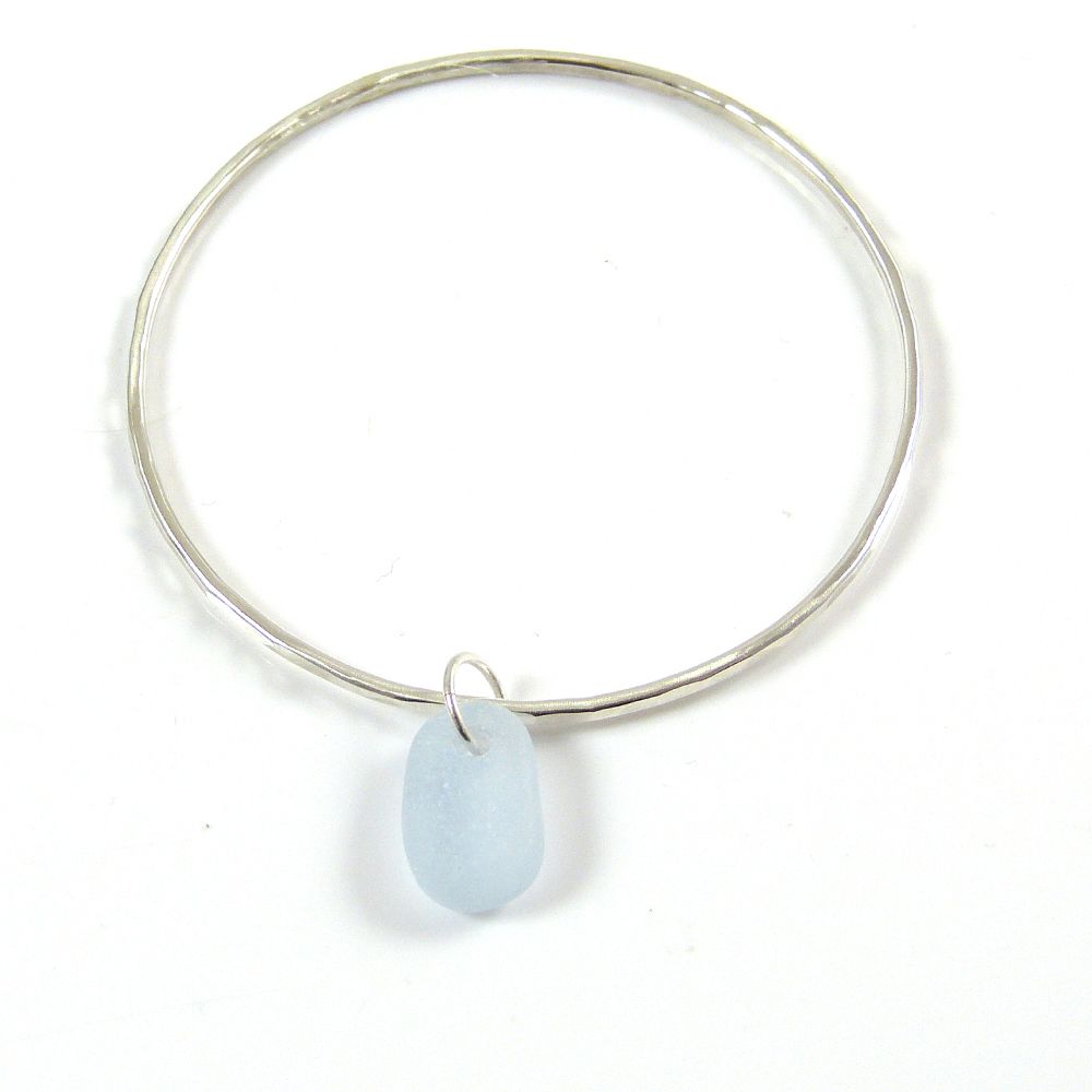 Sterling Silver Hammered Bangle and Powder Blue Sea Glass Charm b223