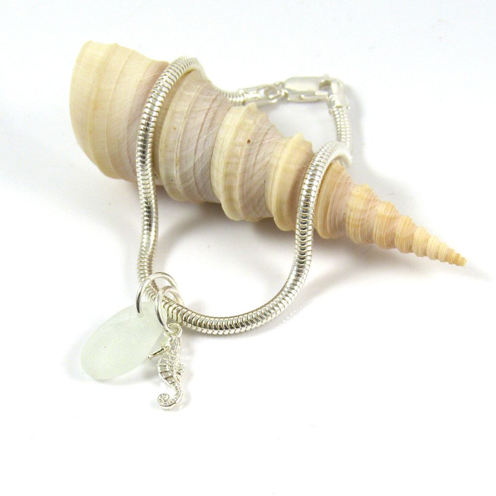 Sterling Silver  Snake Bracelet with Sea Glass and Seahorse Charms