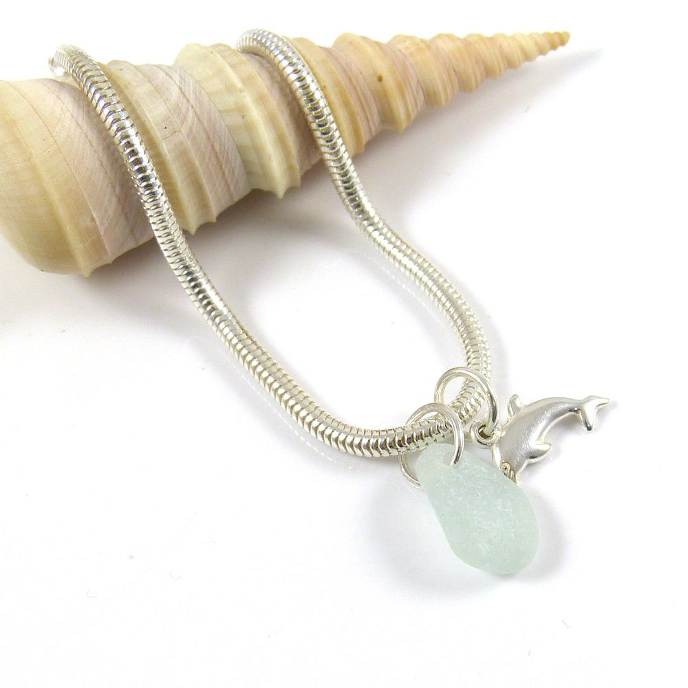 Sterling Silver Snake Bracelet with Sea Glass and Dolphin Charms