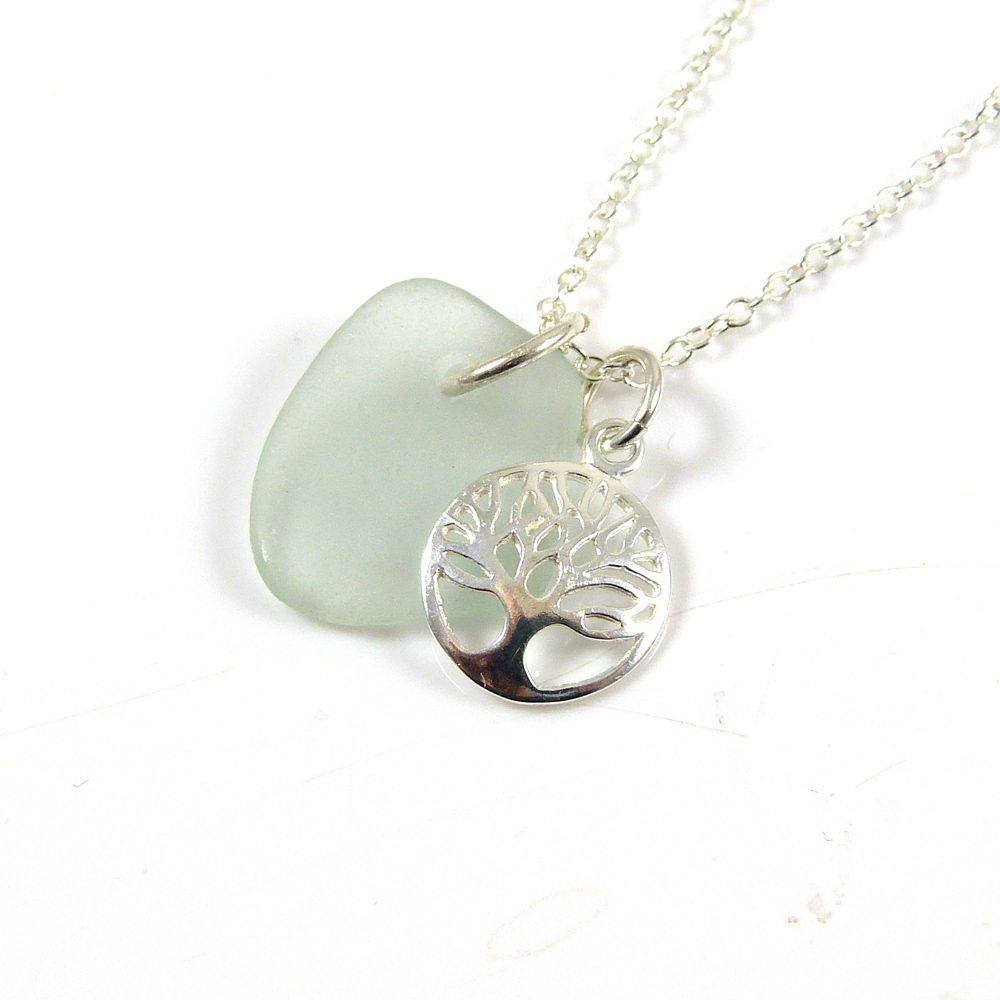 Seaspray Sea Glass and Sterling Silver Tree of Life Charm Necklace c275