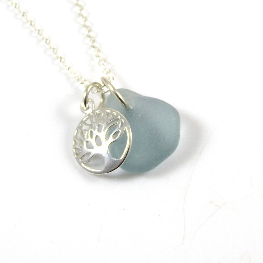 Steel Blue Sea Glass and Sterling Silver Tree of Life Necklace