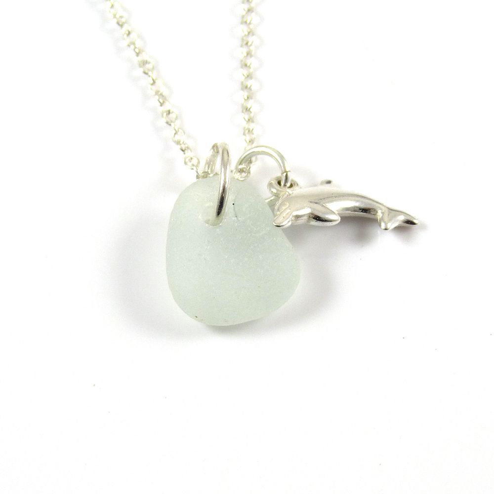 Seaspray Sea Glass and Sterling Silver Dolphin Charm Necklace