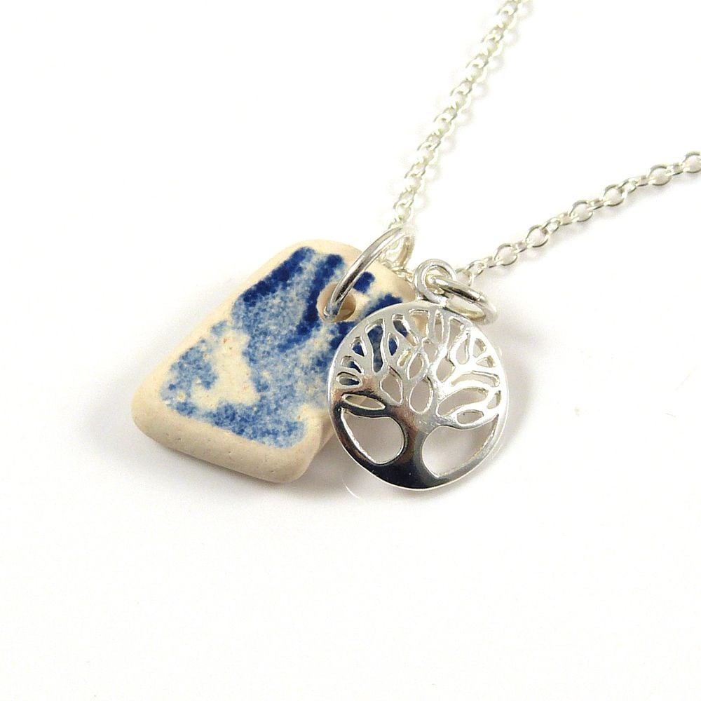 Blue and White Beach Pottery and Sterling Silver Tree of Life Charm Necklac