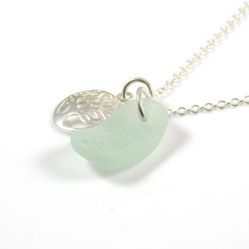Seafoam Blue Sea Glass and Sterling Silver Tree of Life Necklace