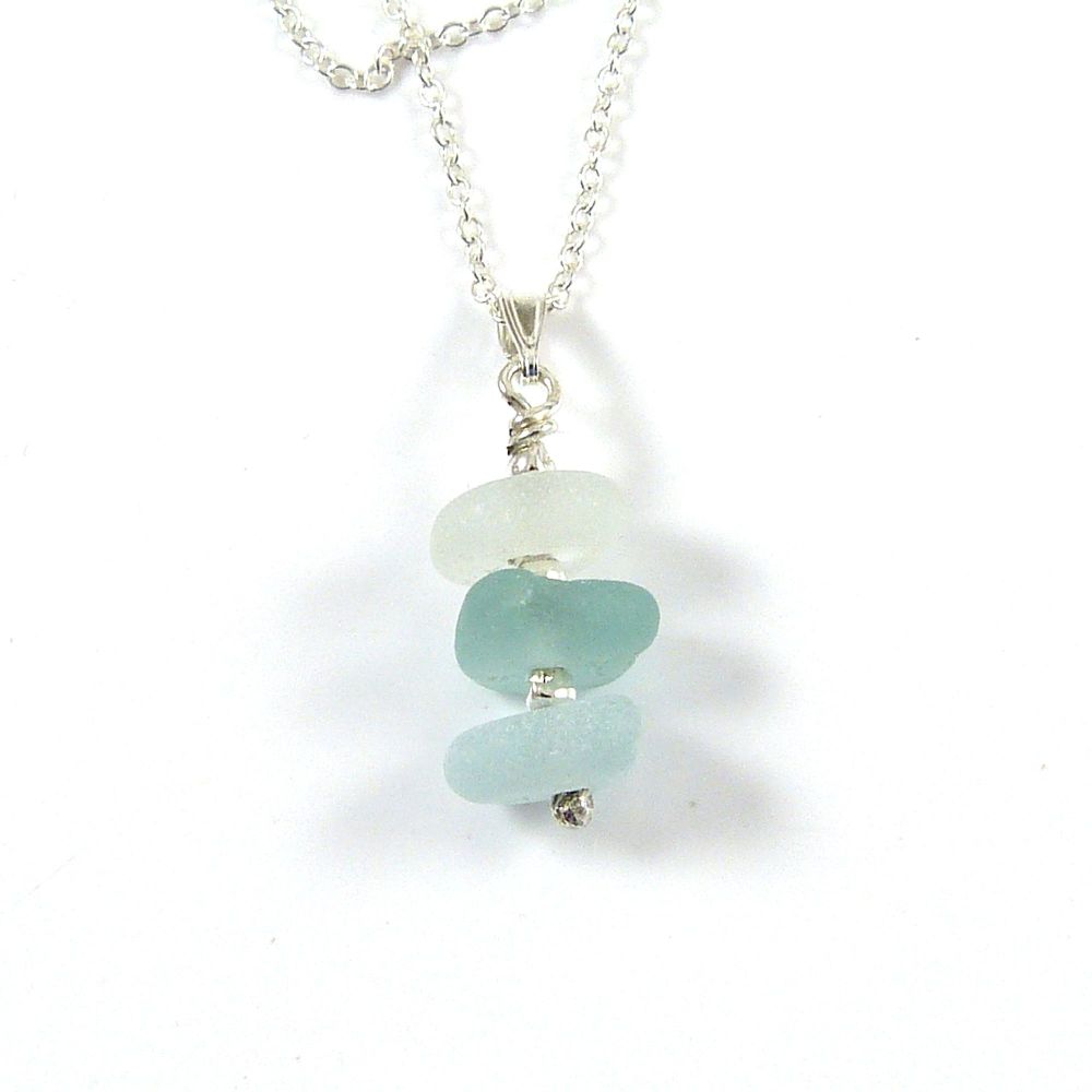 Shades of Blue Sea Glass Necklace, Sterling Silver, Sea Glass Tower, Sea Gl