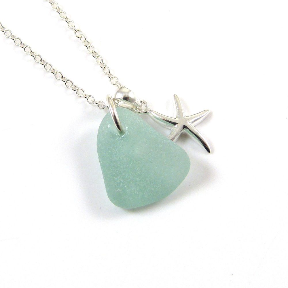 Aquamarine Sea Glass and Sterling Silver Starfish Necklace ch282