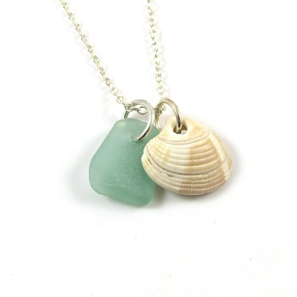 Aquamarine Sea Glass and Seashell Charms Necklace ch283