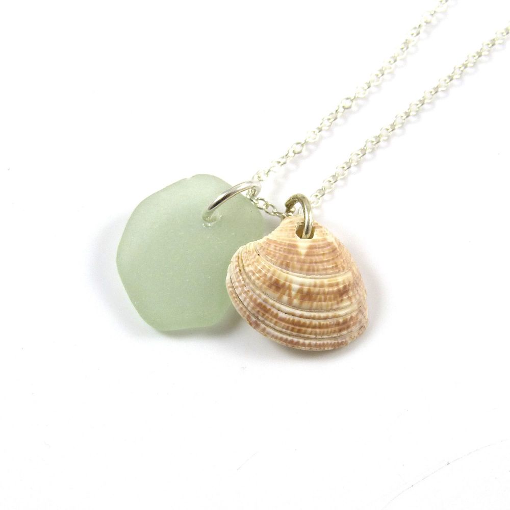 Pale Seafoam Sea Glass and Seashell Charms Necklace ch286