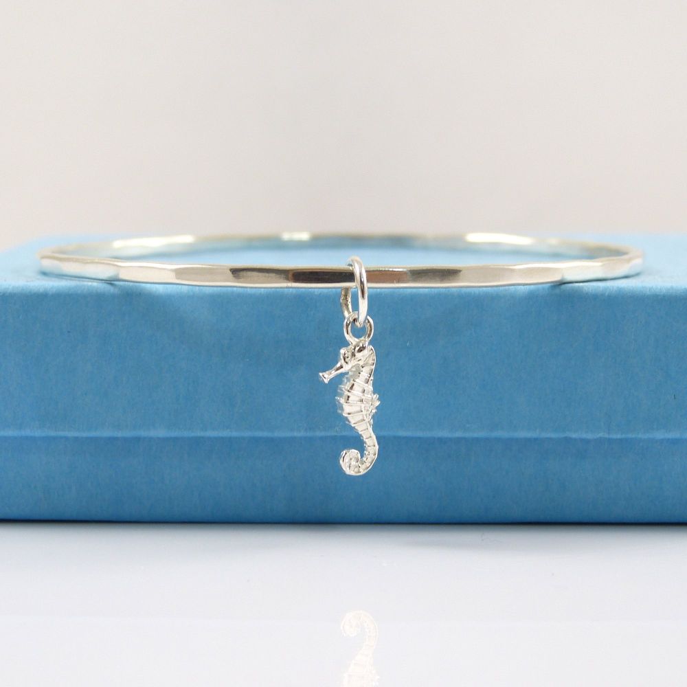 Sterling Silver Hammered Bangle with Seahorse Charm