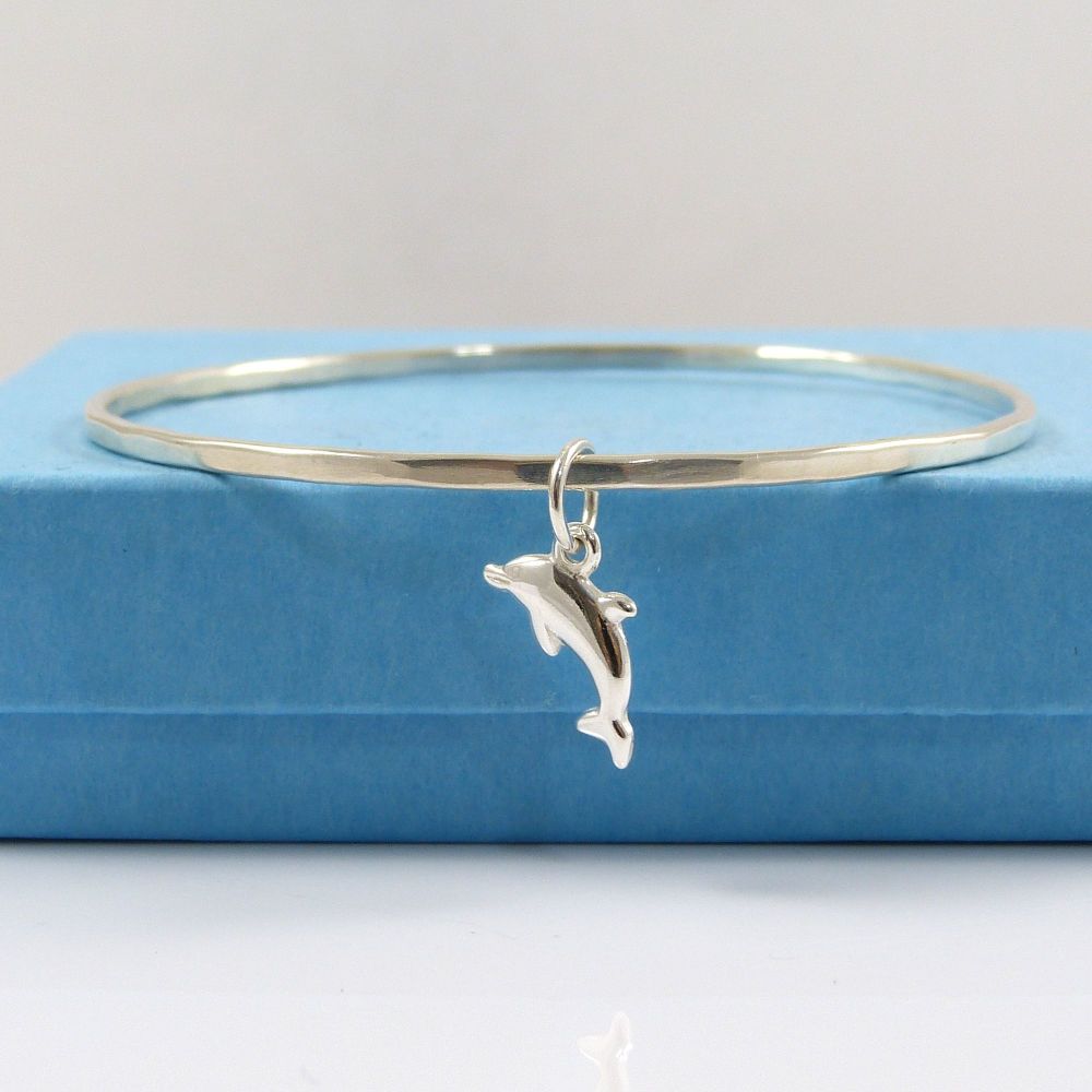 Sterling Silver Hammered Bangle with Dolphin Charm