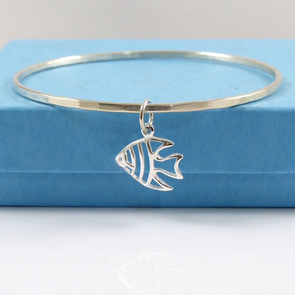 Sterling Silver Hammered Bangle with Fish Charm