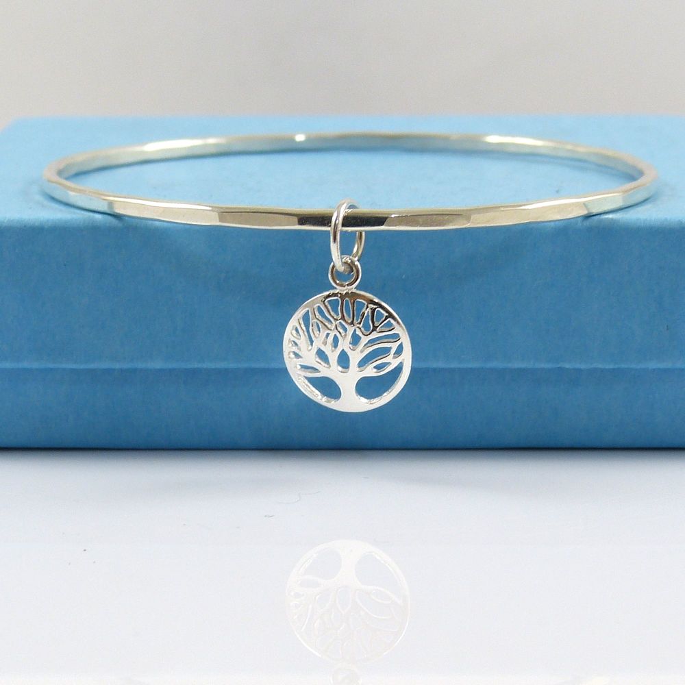 Sterling Silver Hammered Bangle with a Tree of Life Charm 