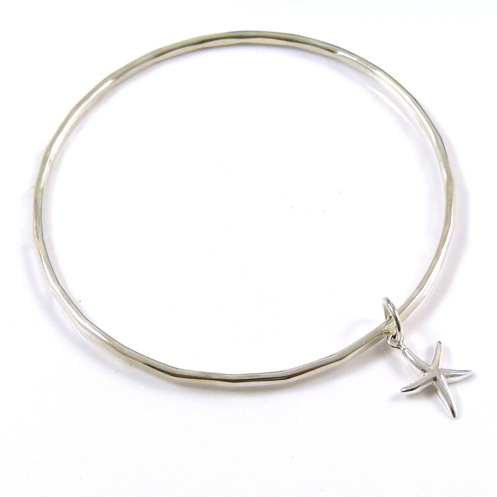 Sterling Silver Hammered Bangle with Starfish Charm