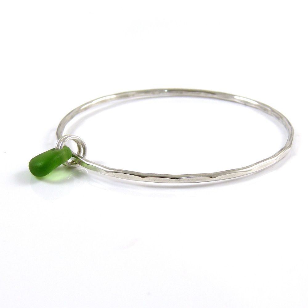 Sterling Silver Hammered Bangle and Kelly Green Sea Glass Charm b231