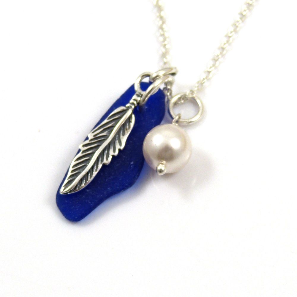 Cobalt Blue Sea Glass, Sterling Silver Angel Feather and Swarovski Pearl Ne