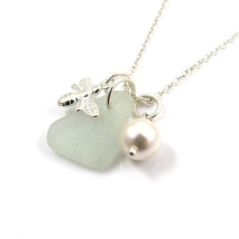 Sterling Silver Bee Charm, Sea Glass Gem and Swarovski Crystal Pearl Necklace