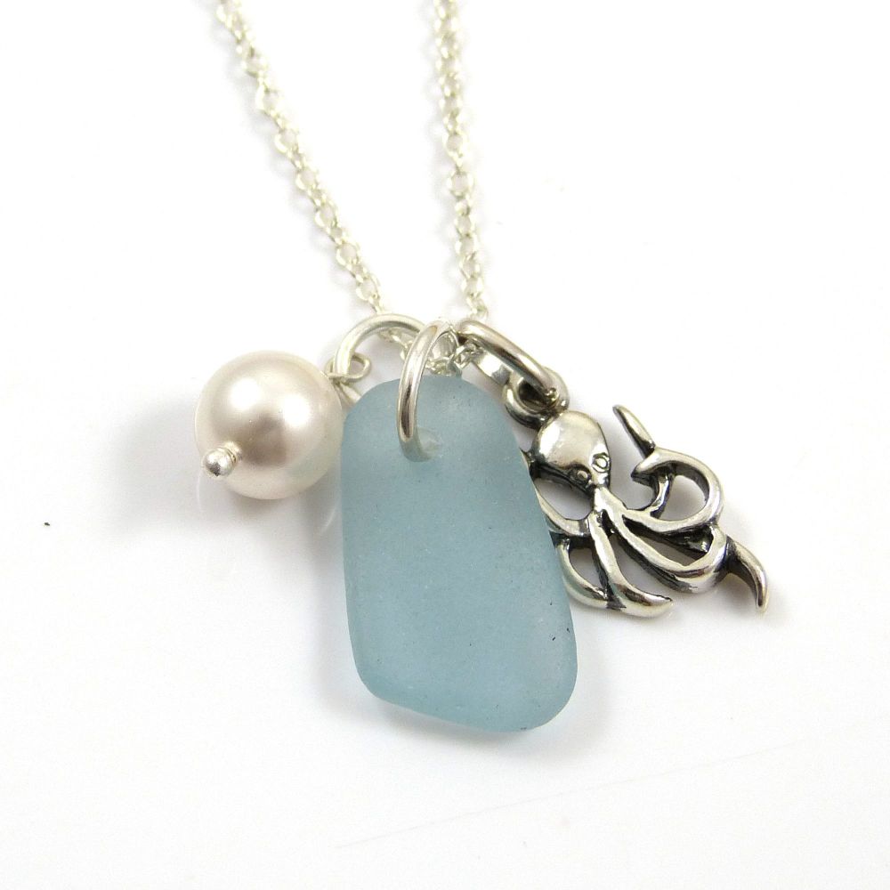 Sky Blue Sea Glass, Sterling Silver Octopus and Swarovski Crystal Pearl Nec