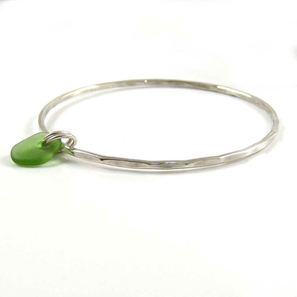 Sterling Silver Hammered Bangle and Pale Green Sea Glass Charm b230
