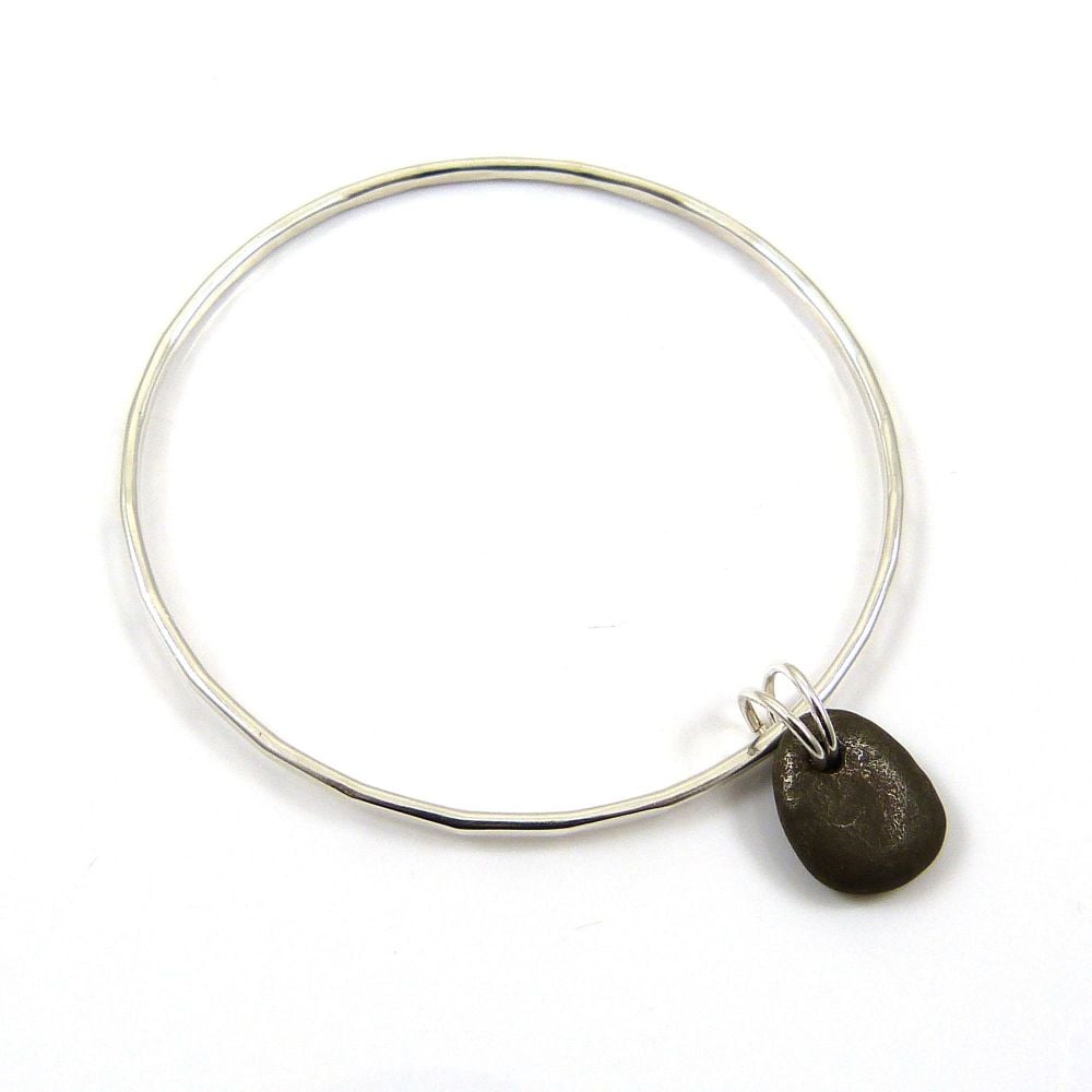 Sterling Silver Hammered Bangle with a Brown Beach Stone Charm b233
