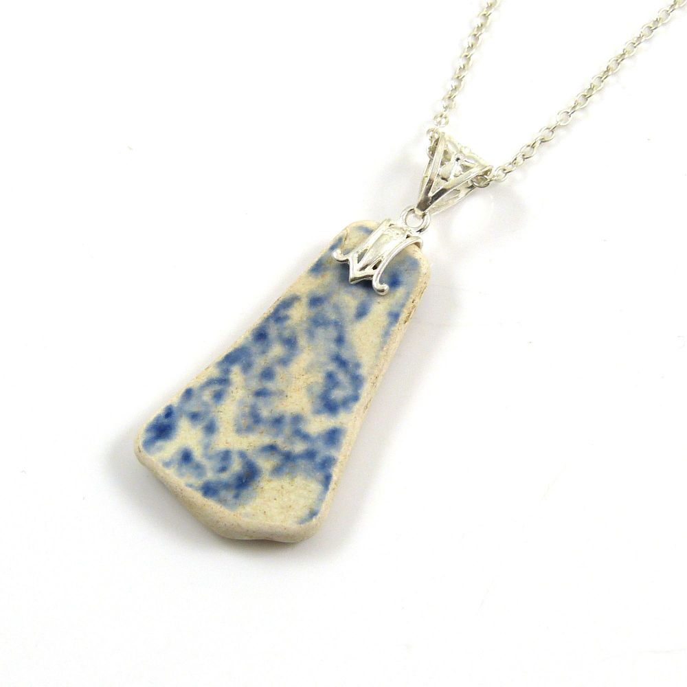 Unique Blue and White Beach Pottery Pendant Necklace IANTHE