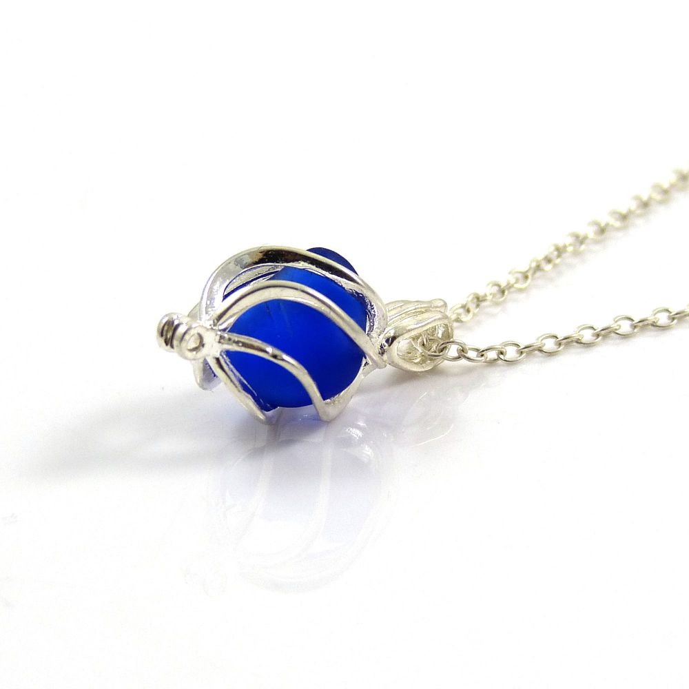 Cobalt Blue Sea Glass Swirl Locket Necklace L76