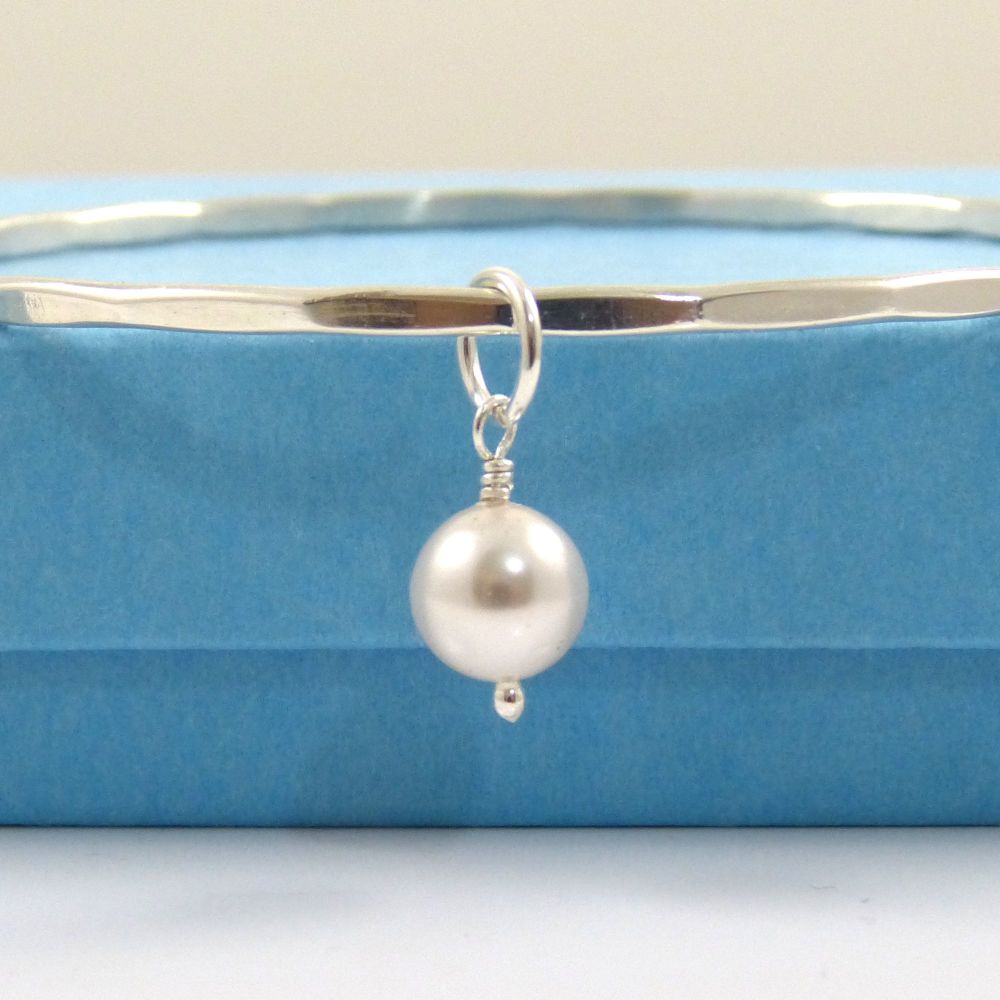 Sterling Silver Hammered Stacking Bangle with a Swarovski Pearl Charm