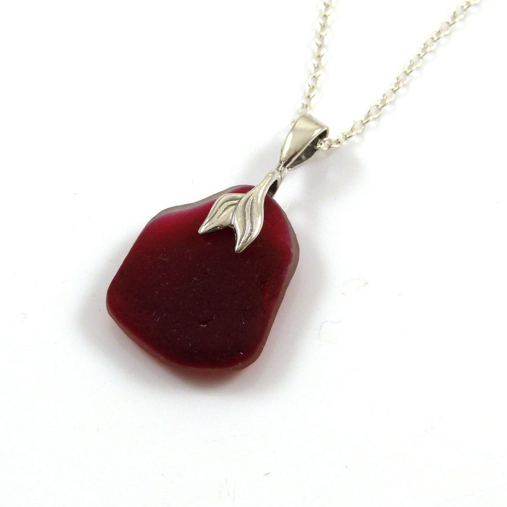 Ruby Red Sea Glass and Sterling Silver Necklace MERMAID SENARA