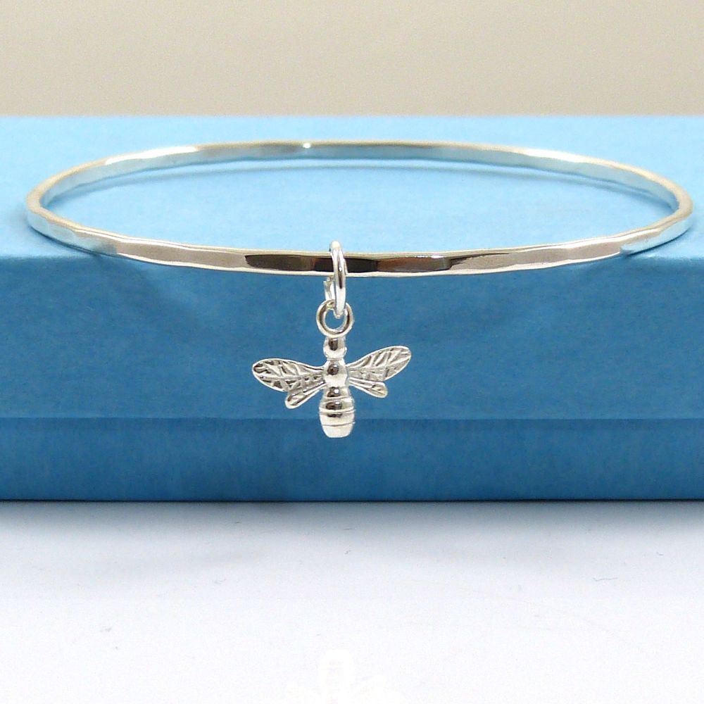 Sterling Silver Hammered Bangle with Bee Charm