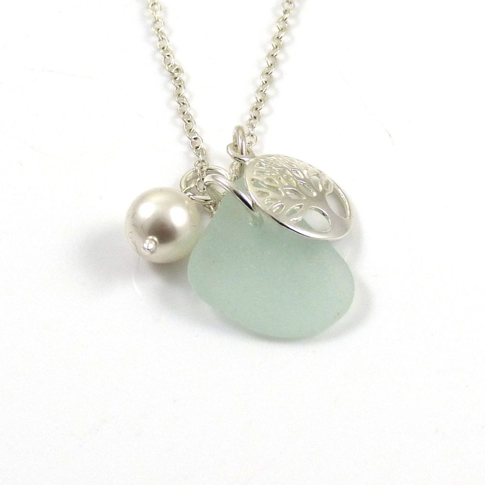 Sea Glass Necklace, Tree of Life Charm, Swarovski Crystal Pearl Necklace c3