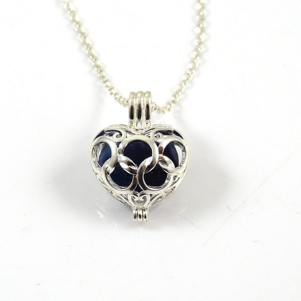 Cobalt Blue Sea Glass Heart Locket Necklace L77