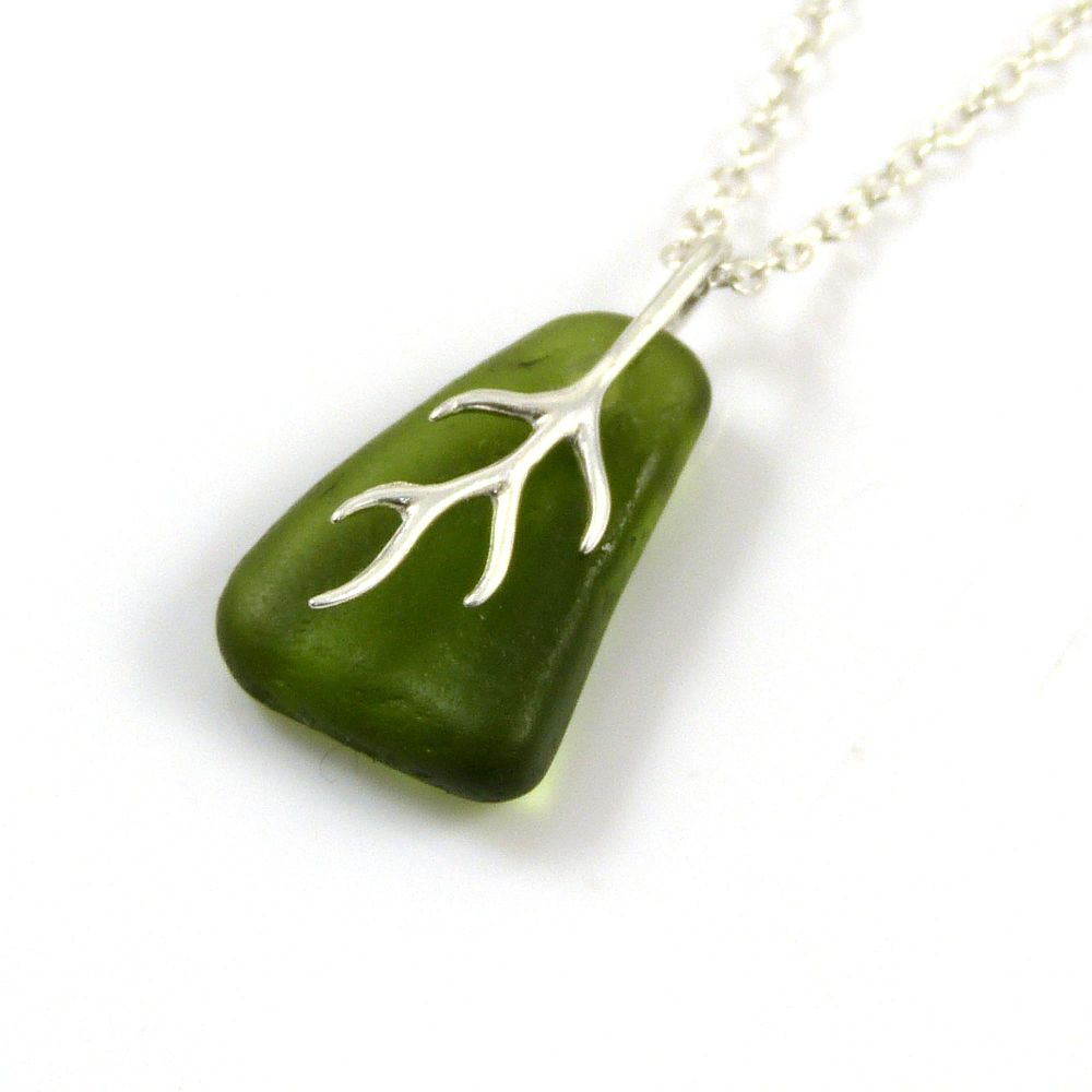Moss Green Sea Glass And Silver Tendril Pendant Necklace  BRIANA