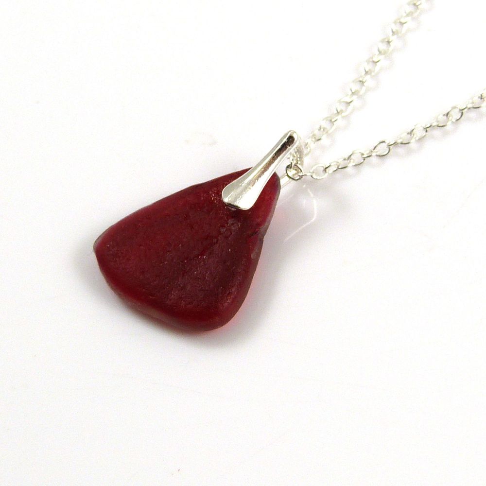 Ruby Red Sea Glass and Sterling Silver Necklace KARY