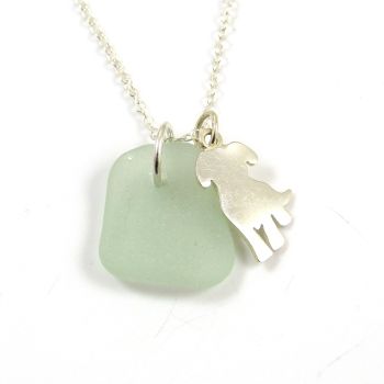 Seafoam Sea Glass and Sterling Silver Dog Charm Necklace