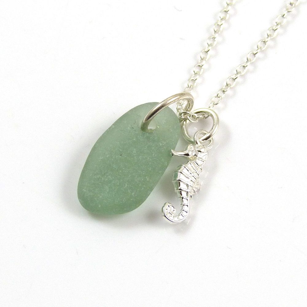 Deep Cucumber Sea Glass and Sterling Silver Seahorse Charm Necklace ch311