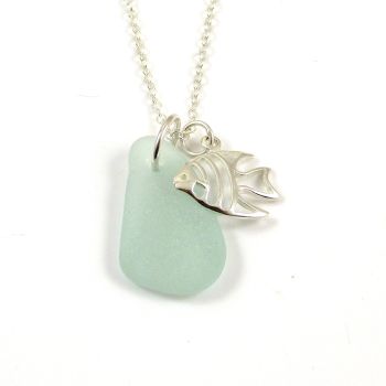 Seafoam Sea Glass and Sterling Silver Angel Fish Charm Necklace