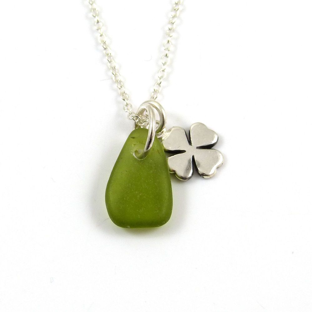 Jade Sea Glass and Sterling Silver Four Leaf Clover Charm Necklace ch313