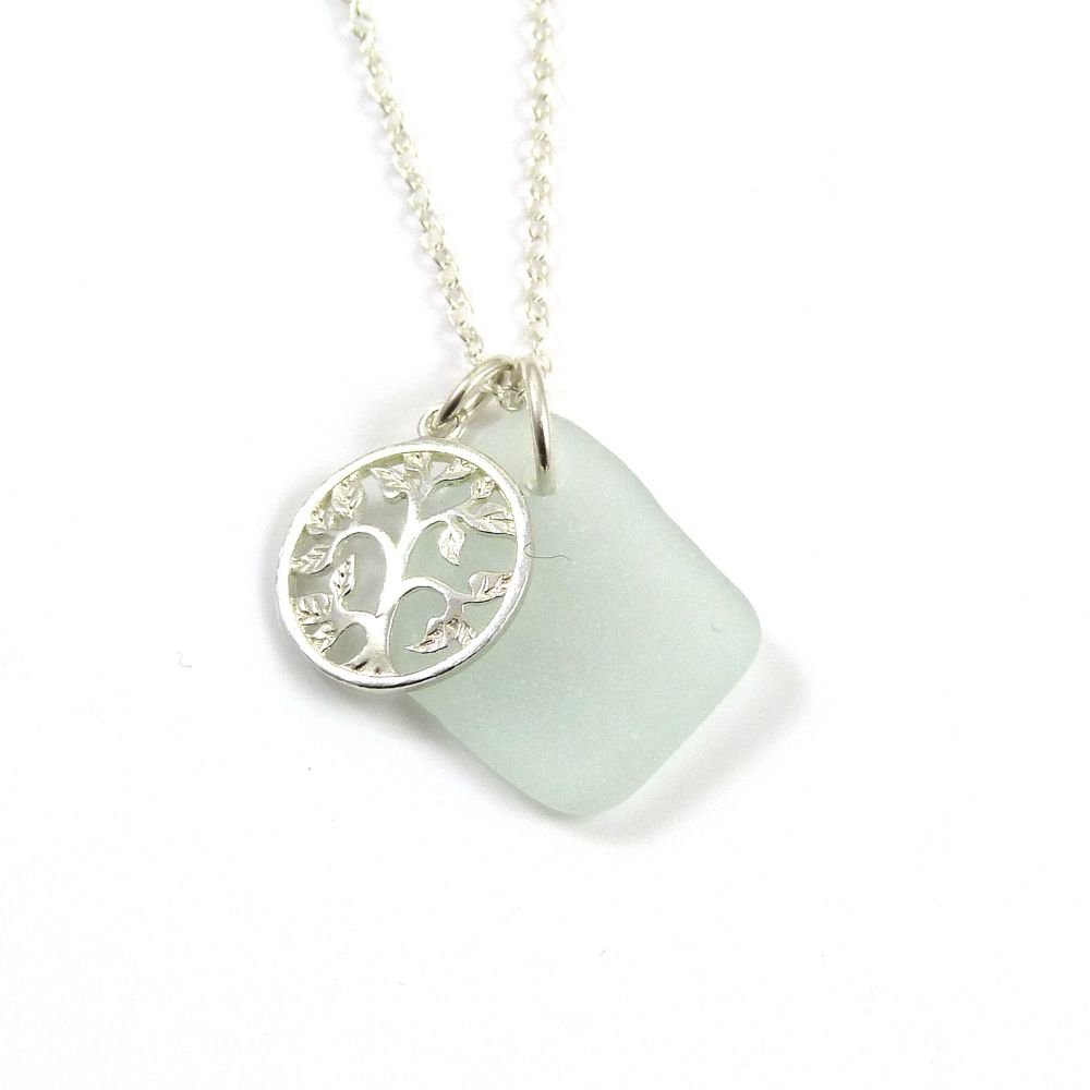 Seaspray Sea Glass and Sterling Silver Tree of Life  Necklace 