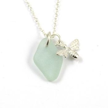 Seafoam Sea Glass and Sterling Silver Bee Charm Necklace